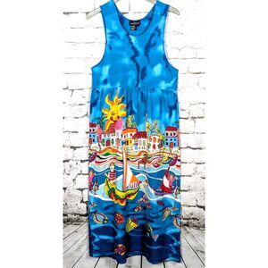 VINTAGE CAROLE LITTLE Whimsical Fishing Village Folk Art Boho Maxi Dress Large